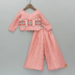 Best Red Striped Top With Printed Embroidered Patch And Palazzo Ethnic Wear | Palazzos & Shararas