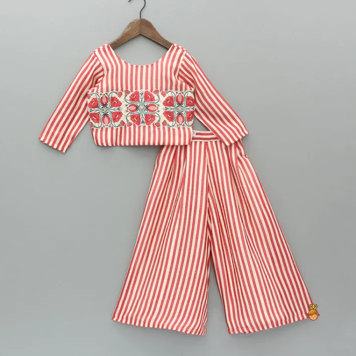 Best Red Striped Top With Printed Embroidered Patch And Palazzo Ethnic Wear | Palazzos & Shararas