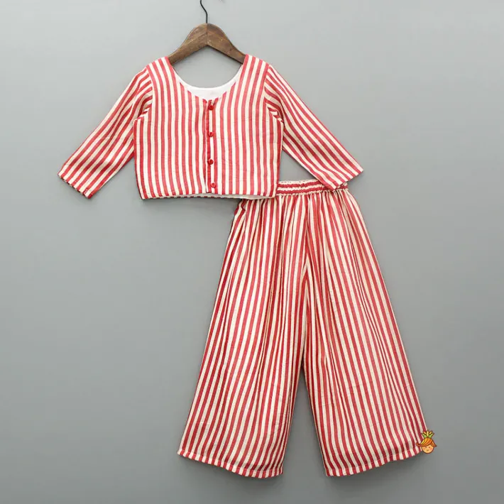 Best Red Striped Top With Printed Embroidered Patch And Palazzo Ethnic Wear | Palazzos & Shararas