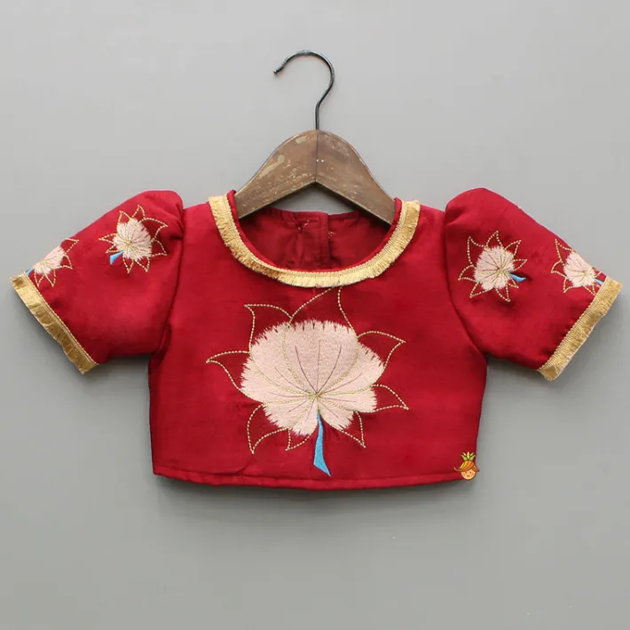 Sale Red Top With Lotus Printed Lehenga And Fringed Dupatta Ethnic Wear | Lehengas & Ghagras
