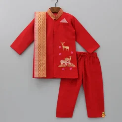 Outlet Reindeer Embroidered Red Kurta And Pyjama With Shawl BOY Indian Ethnic Wear | Ethnic Sets