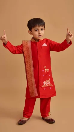 Outlet Reindeer Embroidered Red Kurta And Pyjama With Shawl BOY Indian Ethnic Wear | Ethnic Sets