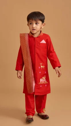 Outlet Reindeer Embroidered Red Kurta And Pyjama With Shawl BOY Indian Ethnic Wear | Ethnic Sets