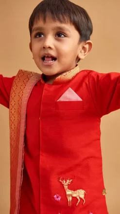 Outlet Reindeer Embroidered Red Kurta And Pyjama With Shawl BOY Indian Ethnic Wear | Ethnic Sets