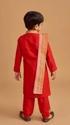 Outlet Reindeer Embroidered Red Kurta And Pyjama With Shawl BOY Indian Ethnic Wear | Ethnic Sets