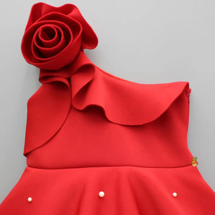 New Rose Embellished Frilly Red Scuba Dress Dresses & Sets | Dresses