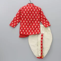 Clearance Rose Printed Red Kurta with Dhoti BOY Indian Ethnic Wear | Ethnic Sets