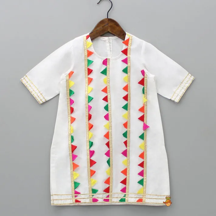 Hot Round Neck Colourful Triangles Lace Detail White Kurti And Pant Ethnic Wear | Churidars & Salwars