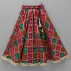 Outlet Round Neck Embroidered Pink Top And Bandhani Printed Multicolour Lehenga With Matching Dupatta Ethnic Wear | Lehengas & Ghagras