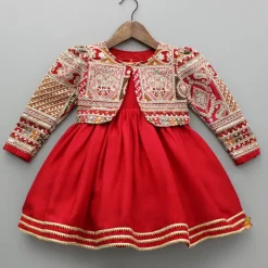 Sale Round Neck Red Kurti With Heavy Embroidered Jacket Ethnic Wear | Kurtis & Jumpsuits