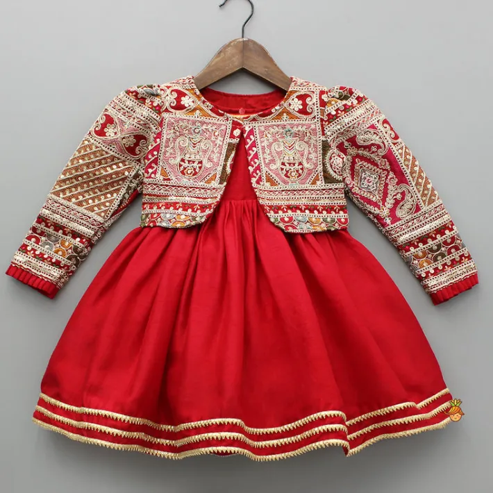 Sale Round Neck Red Kurti With Heavy Embroidered Jacket Ethnic Wear | Kurtis & Jumpsuits