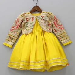 Fashion Round Neck Yellow Kurti With Heavy Embroidered Jacket Ethnic Wear | Kurtis & Jumpsuits