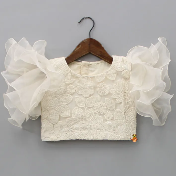 Clearance Ruffle Sleeves Off White Embroidered Top And Layered Lehenga Ethnic Wear | Lehengas & Ghagras