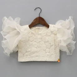 Hot Ruffle Sleeves Off White Embroidered Top And Layered Lehenga Ethnic Wear | Lehengas & Ghagras