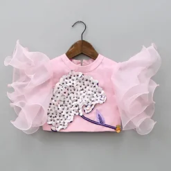 Outlet Ruffle Sleeves Pink Top And Organza Lehenga Ethnic Wear | Lehengas & Ghagras