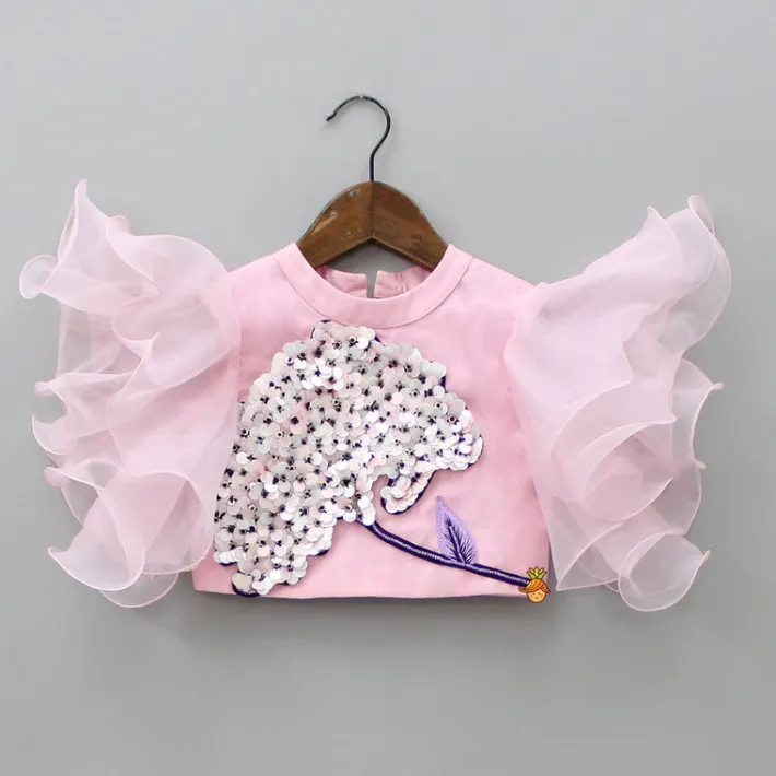 Outlet Ruffle Sleeves Pink Top And Organza Lehenga Ethnic Wear | Lehengas & Ghagras
