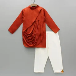 Hot Rust Flap Kurta With Pleated Drape Detailing And Pant BOY Indian Ethnic Wear | Ethnic Sets