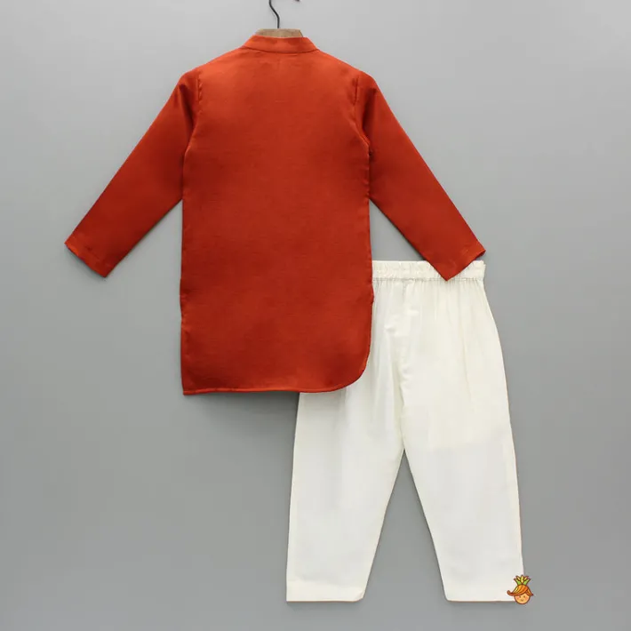 Hot Rust Flap Kurta With Pleated Drape Detailing And Pant BOY Indian Ethnic Wear | Ethnic Sets