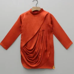 Hot Rust Flap Kurta With Pleated Drape Detailing And Pant BOY Indian Ethnic Wear | Ethnic Sets
