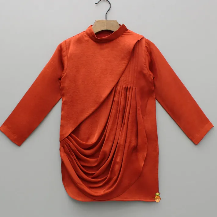 Hot Rust Flap Kurta With Pleated Drape Detailing And Pant BOY Indian Ethnic Wear | Ethnic Sets
