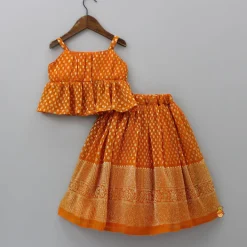 Sale Rust Orange Pleated Georgette Top And Lehenga With Hair Clip Ethnic Wear | Lehengas & Ghagras