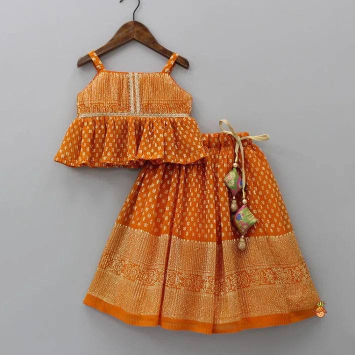 Sale Rust Orange Pleated Georgette Top And Lehenga With Hair Clip Ethnic Wear | Lehengas & Ghagras