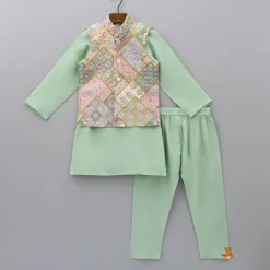 Best Sage Green Kurta With Cotton Silk Embroidered Jacket And Pyjama BOY Indian Ethnic Wear | Ethnic Sets