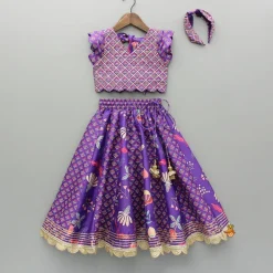 Sale Scalloped Hem V Neck Purple Top And Lehenga With Matching Hair Band Ethnic Wear | Lehengas & Ghagras