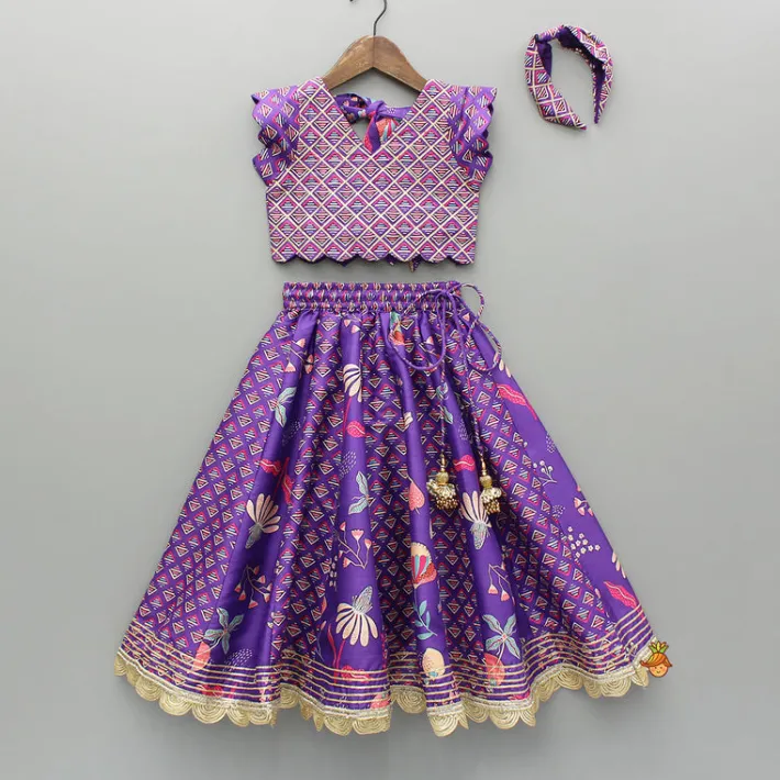 Sale Scalloped Hem V Neck Purple Top And Lehenga With Matching Hair Band Ethnic Wear | Lehengas & Ghagras
