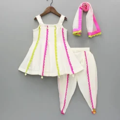 Clearance Scalloped Lace Detailed Kurti And Dhoti With Dupatta Ethnic Wear | Dhotis & Patialas