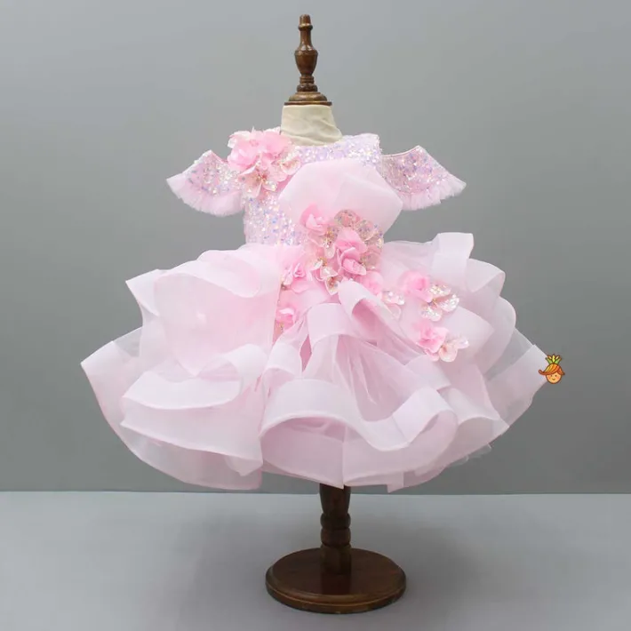 Sale Sequin Detail Yoke Layered Ruffle Net Pink Dress Dresses & Sets | Dresses