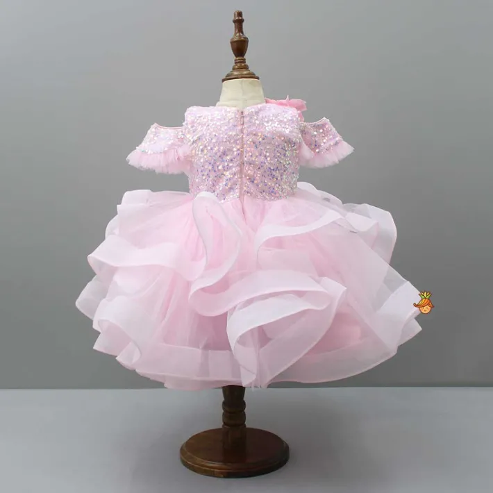 Sale Sequin Detail Yoke Layered Ruffle Net Pink Dress Dresses & Sets | Dresses