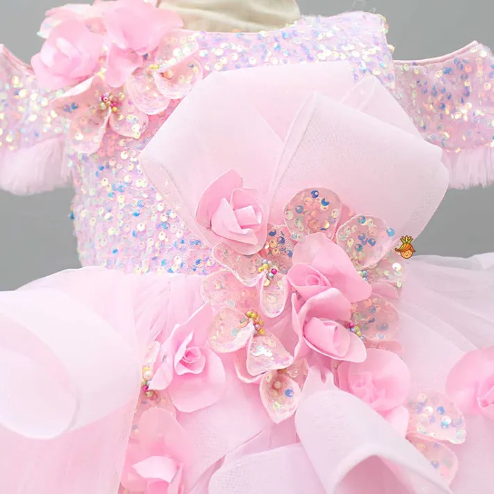 Sale Sequin Detail Yoke Layered Ruffle Net Pink Dress Dresses & Sets | Dresses