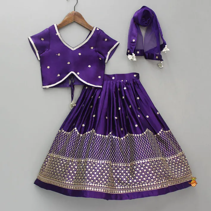 Sale Sequin Embroidered Purple Top And Lehenga With Matching Net Dupatta Ethnic Wear | Lehengas & Ghagras