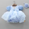 Fashion Sequined Blue Puff Sleeves Ruffle Dress With Bowie Head Band Dresses & Sets | Dresses