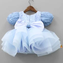 Fashion Sequined Blue Puff Sleeves Ruffle Dress With Bowie Head Band Dresses & Sets | Dresses