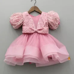 Clearance Sequined Detailed Layered Pink Dress With Bows And Matching Swirled Bow Headband Dresses & Sets | Dresses