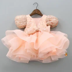 Discount Sequined Peach Puff Sleeves Ruffle Dress With Bowie Head Band Dresses & Sets | Dresses