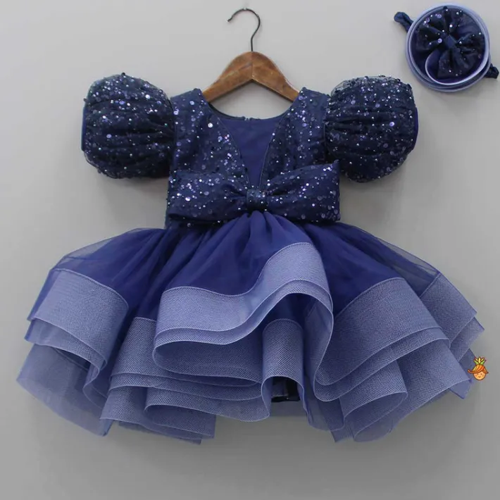 Online Sequined Ruffled Blue Dress With Bows And Matching Swirled Bow Headband Dresses & Sets | Dresses