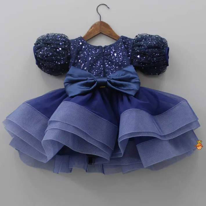 Online Sequined Ruffled Blue Dress With Bows And Matching Swirled Bow Headband Dresses & Sets | Dresses