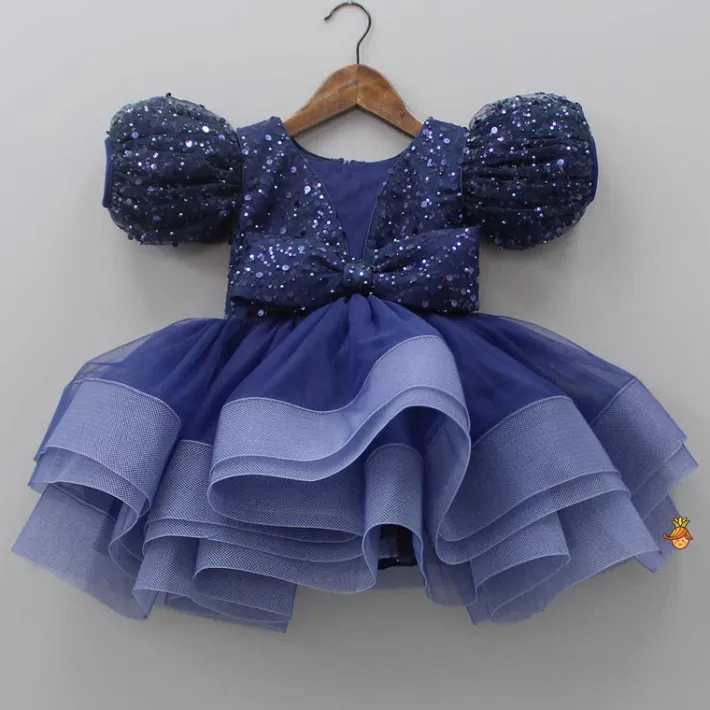 Online Sequined Ruffled Blue Dress With Bows And Matching Swirled Bow Headband Dresses & Sets | Dresses