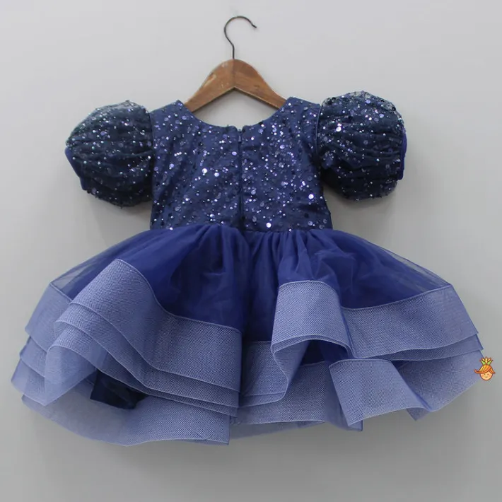 Online Sequined Ruffled Blue Dress With Bows And Matching Swirled Bow Headband Dresses & Sets | Dresses
