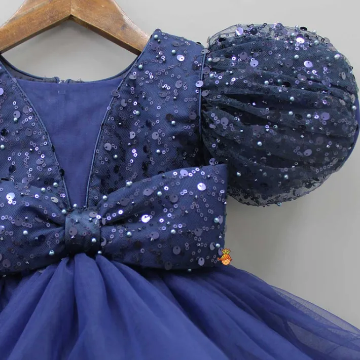 Online Sequined Ruffled Blue Dress With Bows And Matching Swirled Bow Headband Dresses & Sets | Dresses