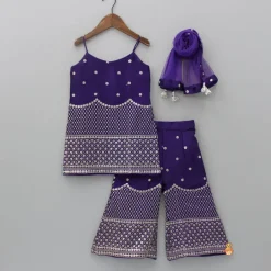 Sale Sequins And Thread Embroidered Purple Strappy Kurti With Palazzo And Net Dupatta Ethnic Wear | Palazzos & Shararas