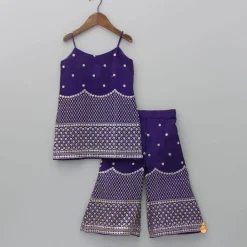 Sale Sequins And Thread Embroidered Purple Strappy Kurti With Palazzo And Net Dupatta Ethnic Wear | Palazzos & Shararas