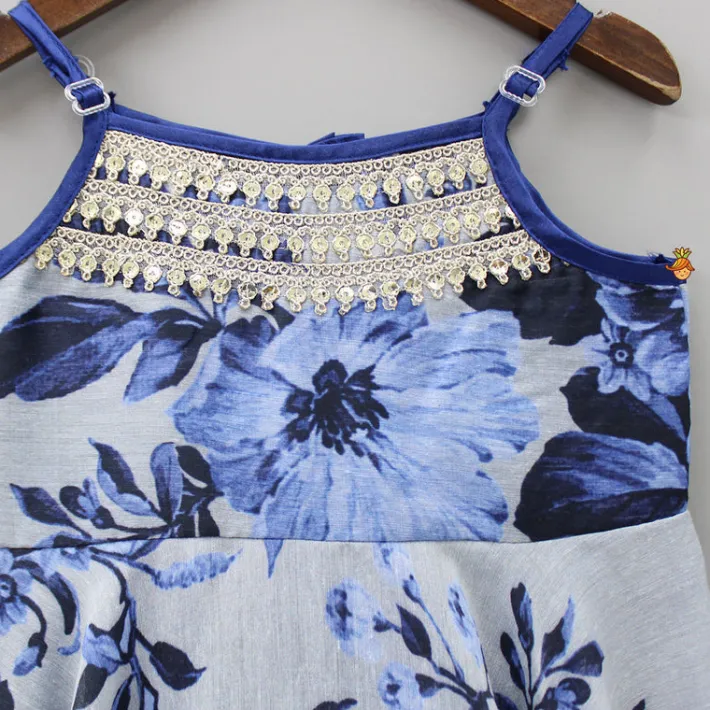 Outlet Sequins Detailed Floral Printed Blue Kurti Ethnic Wear | Kurtis & Jumpsuits