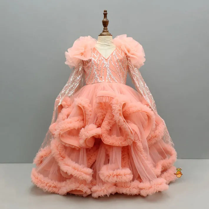 Fashion Sequins Embellished Long Sleeved Layered Gown Dresses & Sets | Dresses