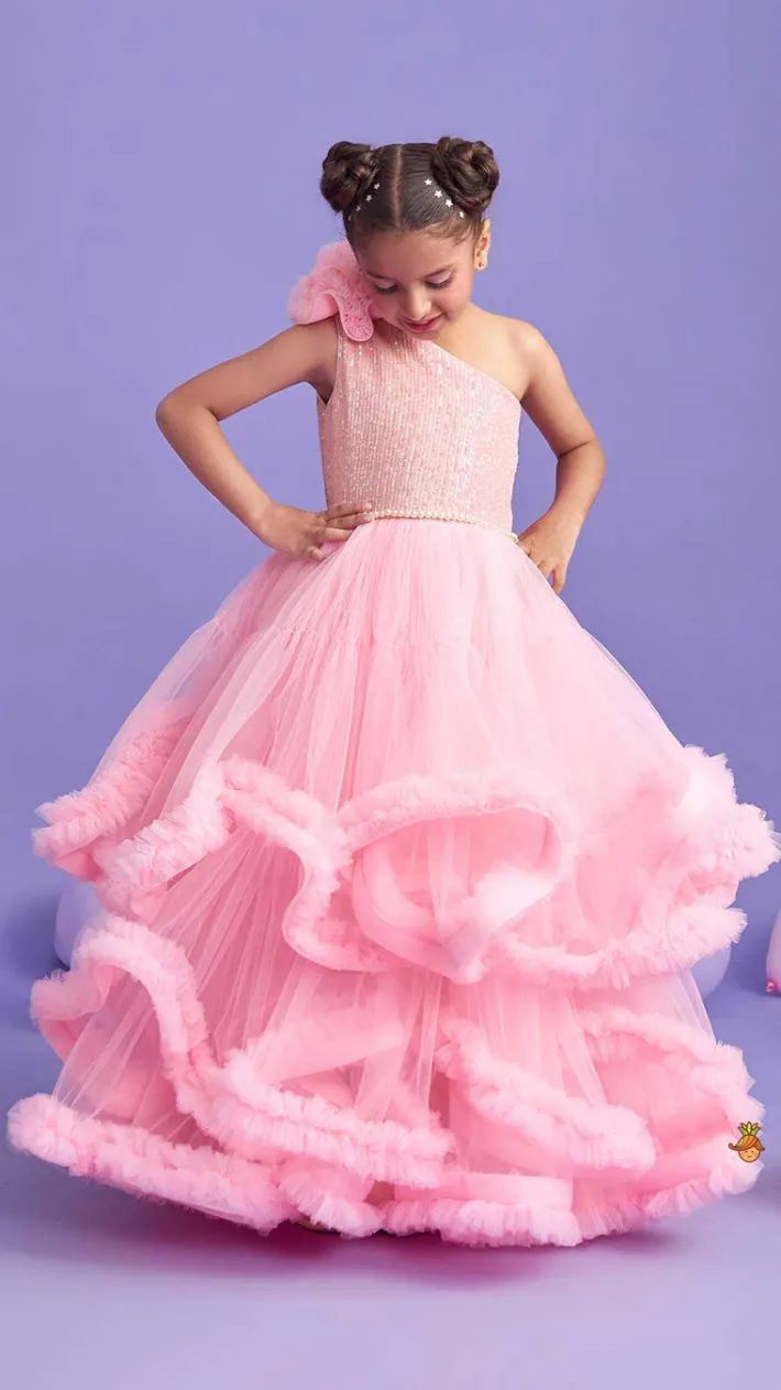 Online Sequins Embellished One Shoulder Layered Gown Dresses & Sets | Gowns