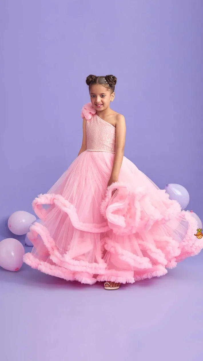 Online Sequins Embellished One Shoulder Layered Gown Dresses & Sets | Gowns