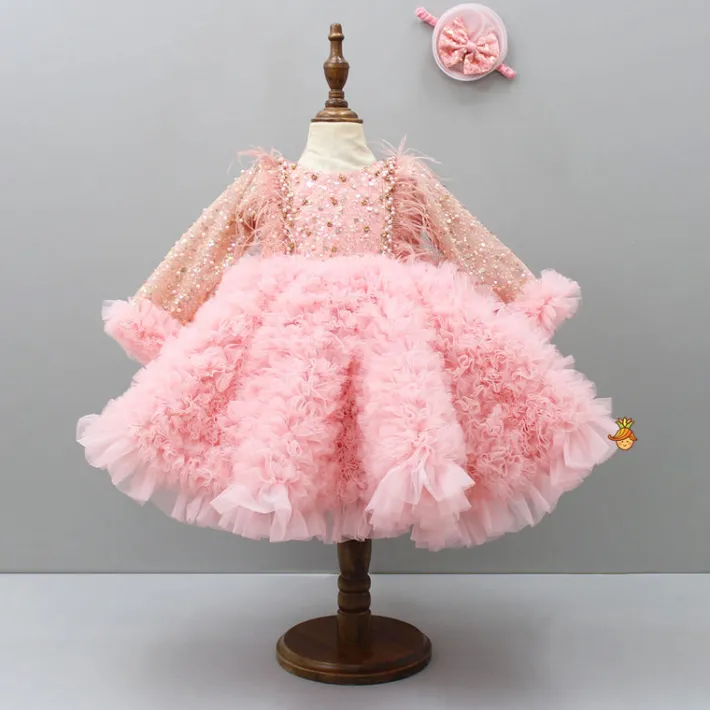 Discount Sequins Embellished Ruffled Peach Dress With Matching Swirled Bowie Headband Dresses & Sets | Dresses